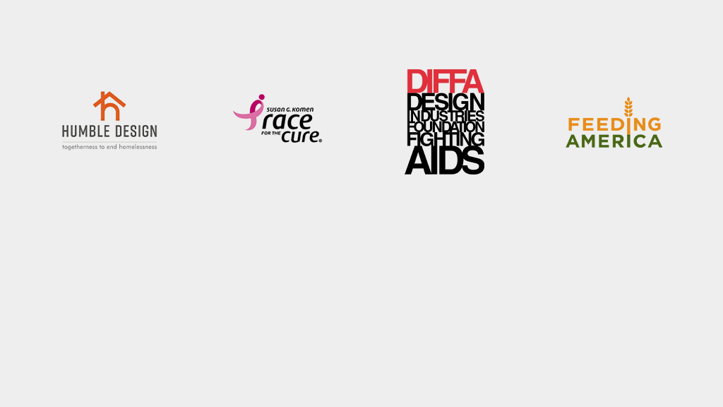 Logos: Humble Design, Race for the Cure, DIFFA, Feeding America.