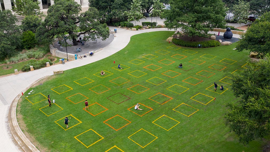 PARKSPACE colored squared installation in Austin city park.
